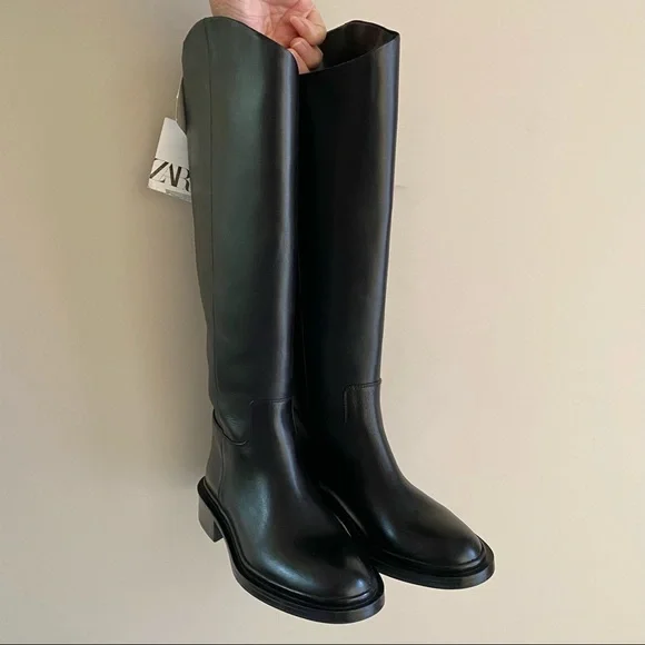 Zara black leather knee high boots blogger style toteme khaite the row - Picture 2 of 16